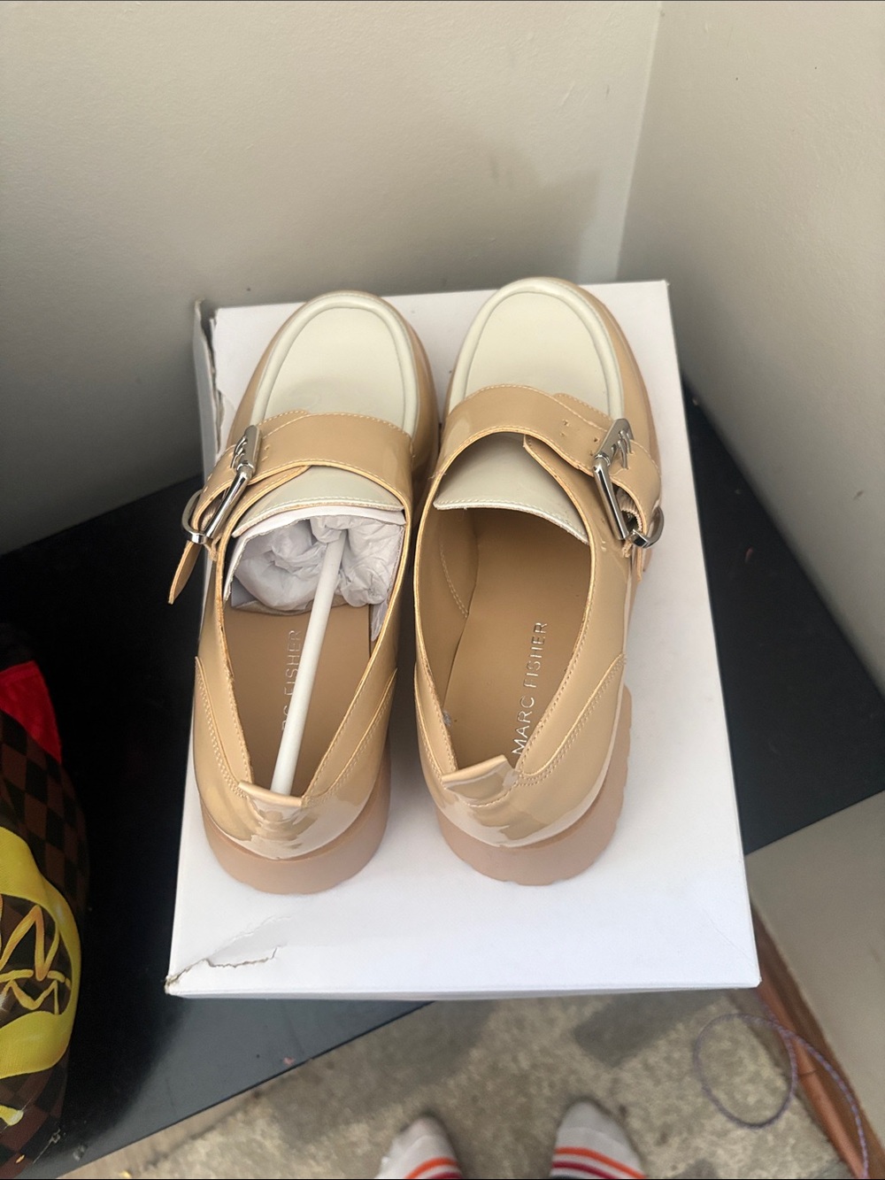 Marc Fisher Two-Tone Cream and Tan Buckle Loafers